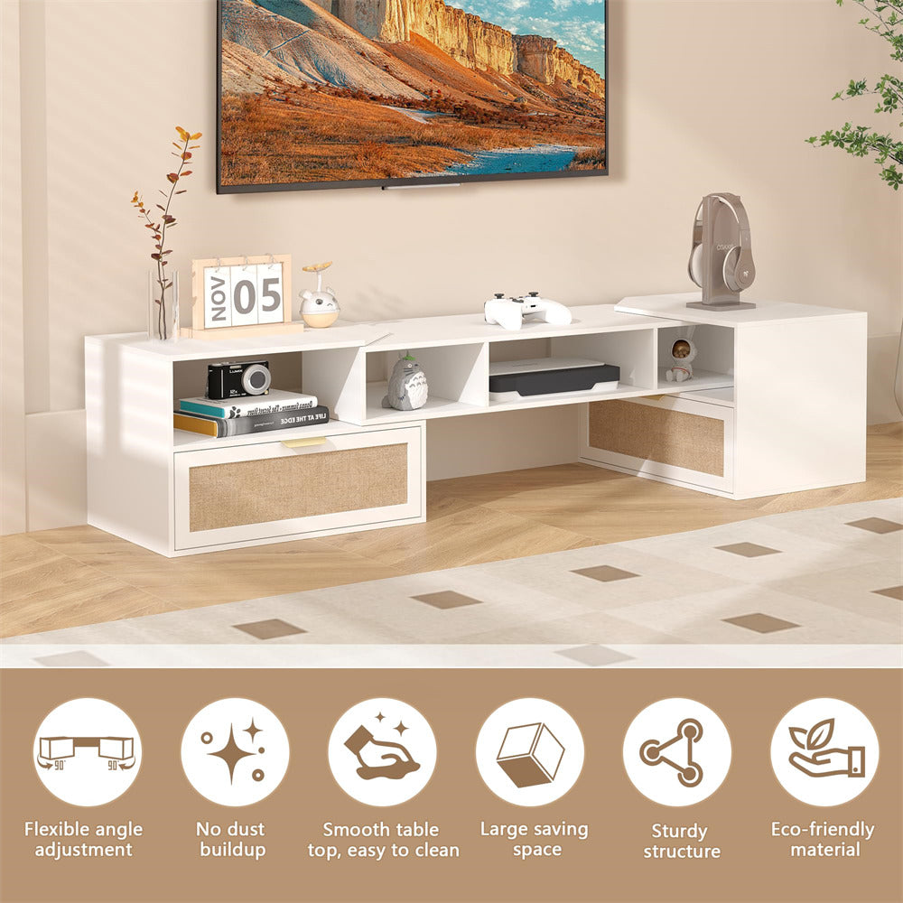 White 79 Inch Boho TV Stand with 90° Rotating Cabinet Media Console for 50-70 Inch TVs