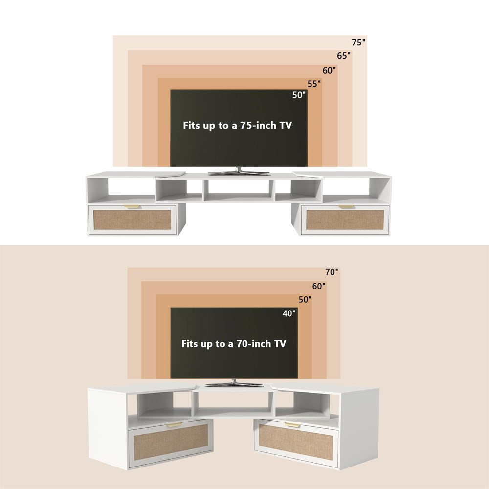 White 79 Inch Boho TV Stand with 90° Rotating Cabinet Media Console for 50-70 Inch TVs