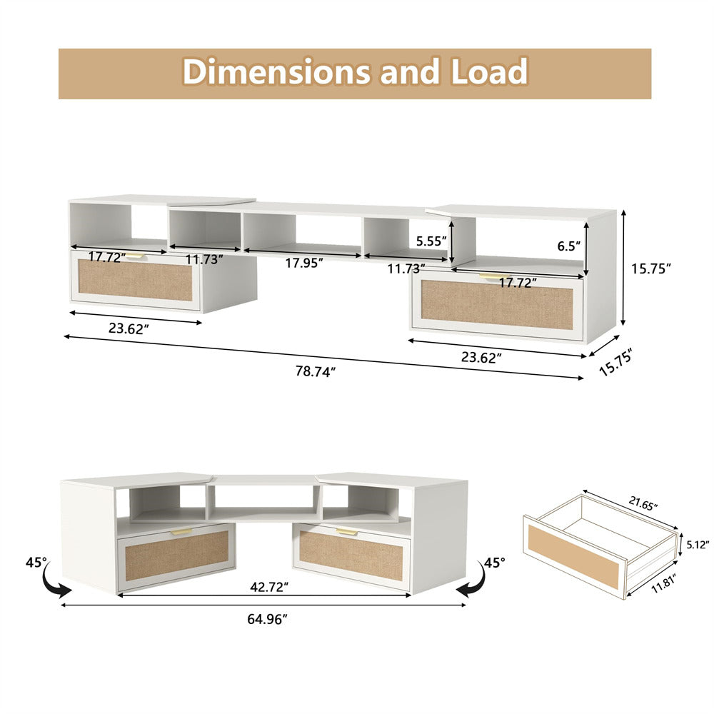 White 79 Inch Boho TV Stand with 90° Rotating Cabinet Media Console for 50-70 Inch TVs