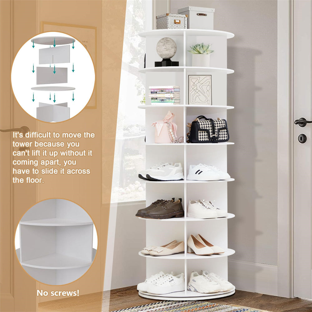 White 7 Tier Rotating Shoe Rack Tower 360 Spinning Vertical Shoe Storage Rack