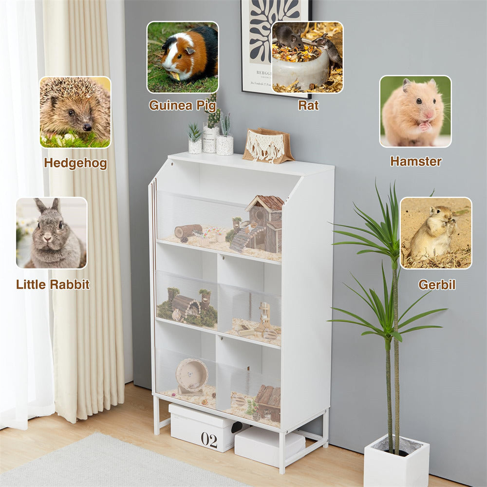 White Large Wooden Hamster Cage with 3-Tier Storage Cabinet and Openable Top