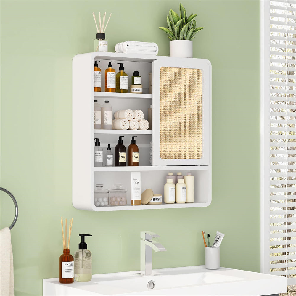 White Wood Wall Bathroom Cabinet with Flax Sliding Door and Adjustable Shelf