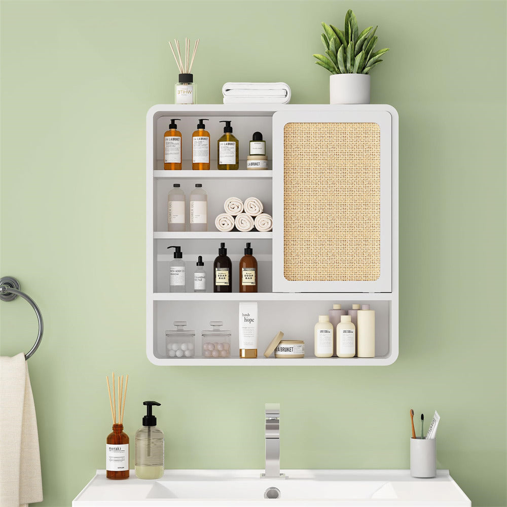 White Wood Wall Bathroom Cabinet with Flax Sliding Door and Adjustable Shelf