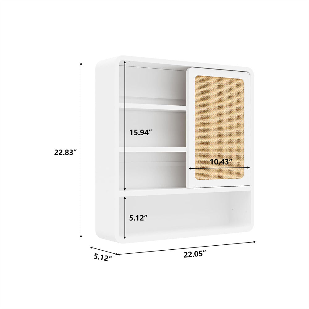 White Wood Wall Bathroom Cabinet with Flax Sliding Door and Adjustable Shelf