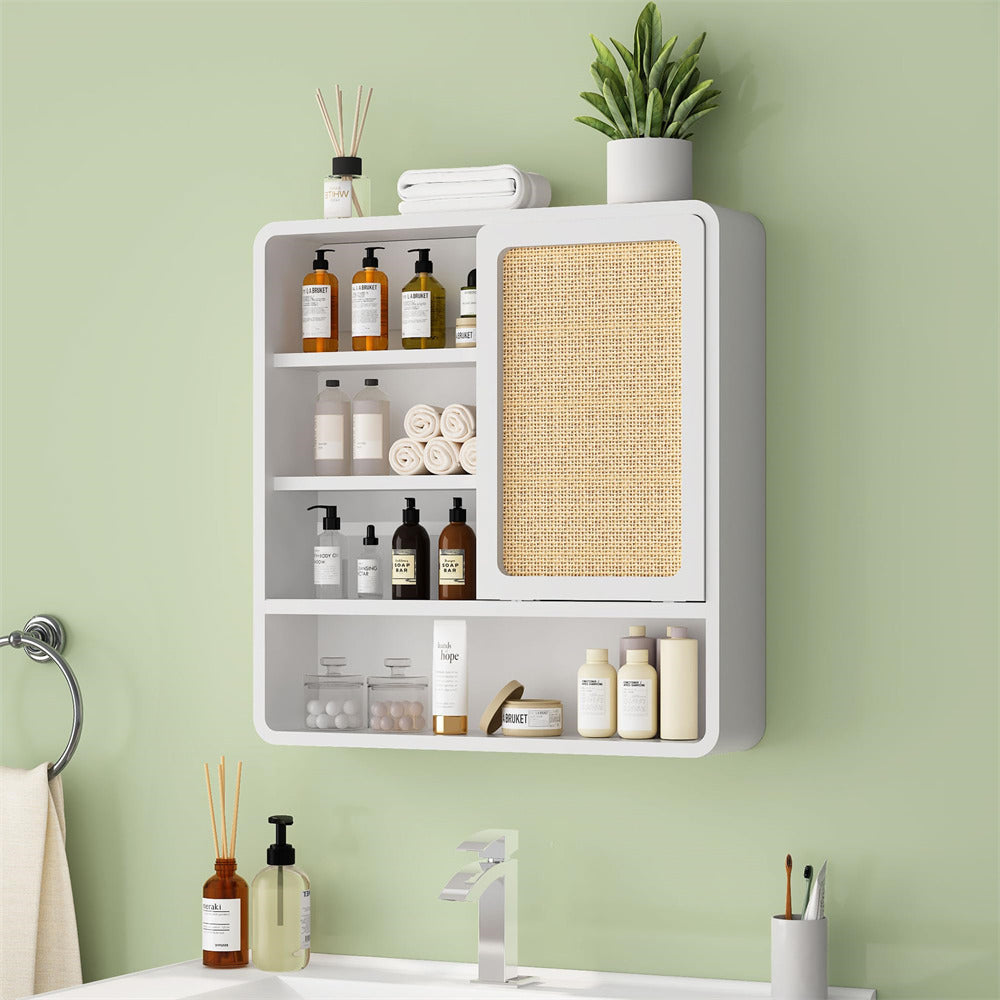 White Wood Wall Bathroom Cabinet with Flax Sliding Door and Adjustable Shelf