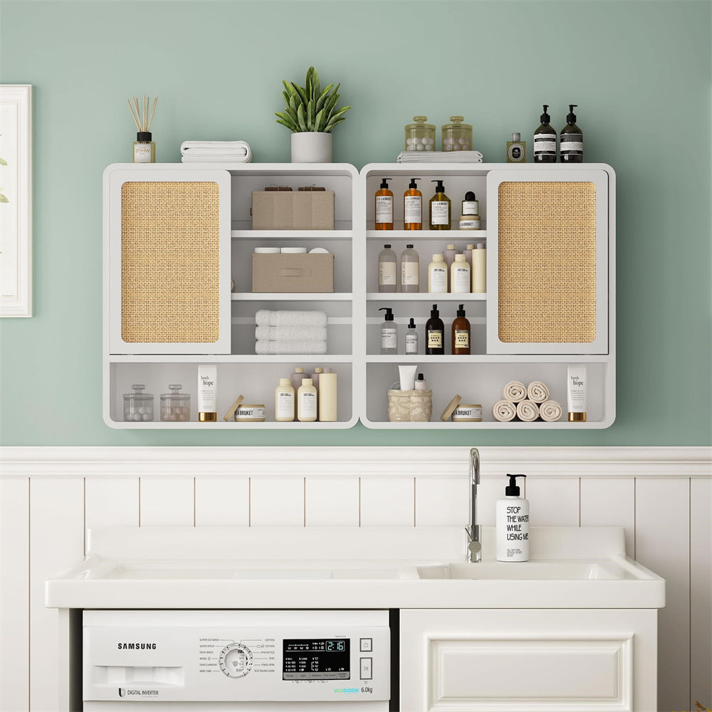 White Wood Wall Bathroom Cabinet with Flax Sliding Door and Adjustable Shelf