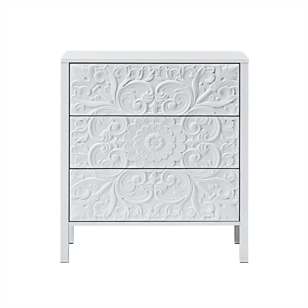 White Wooden 3 Drawer Dresser with Storage and Engraved Design