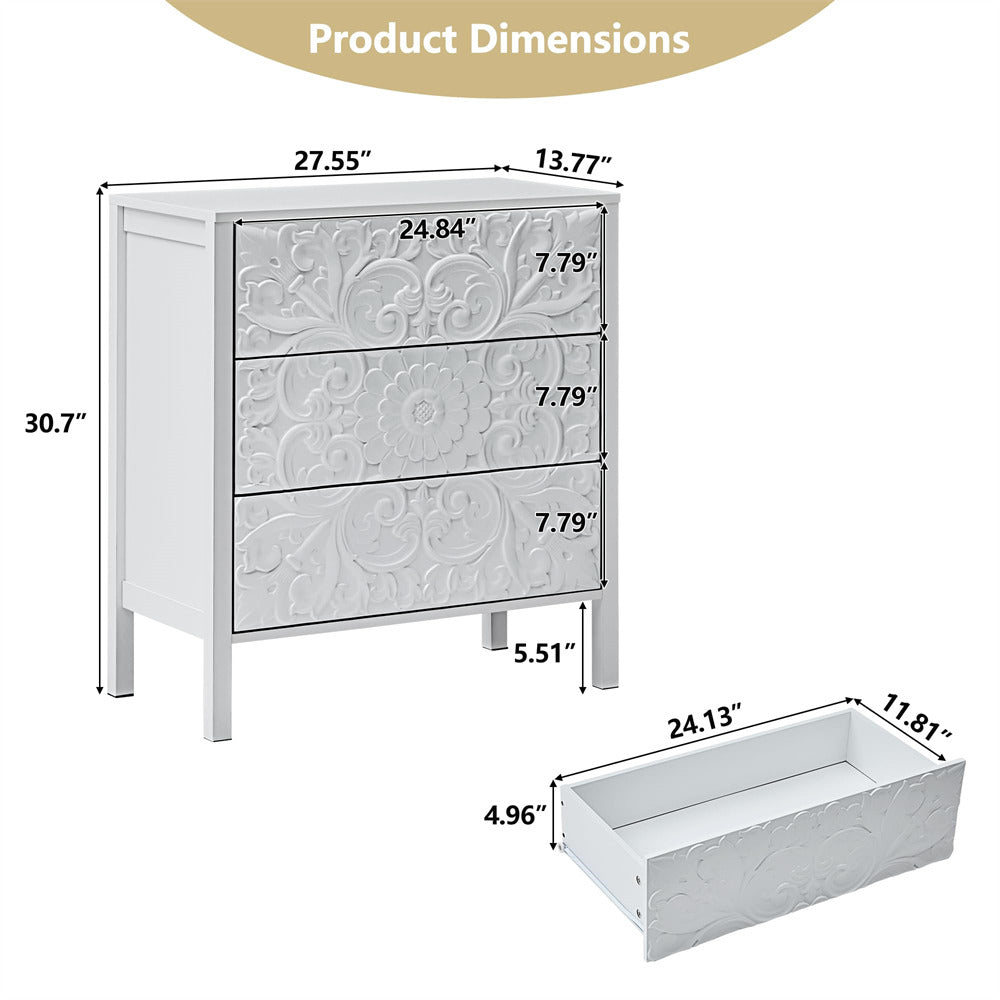 White Wooden 3 Drawer Dresser with Storage and Engraved Design Size