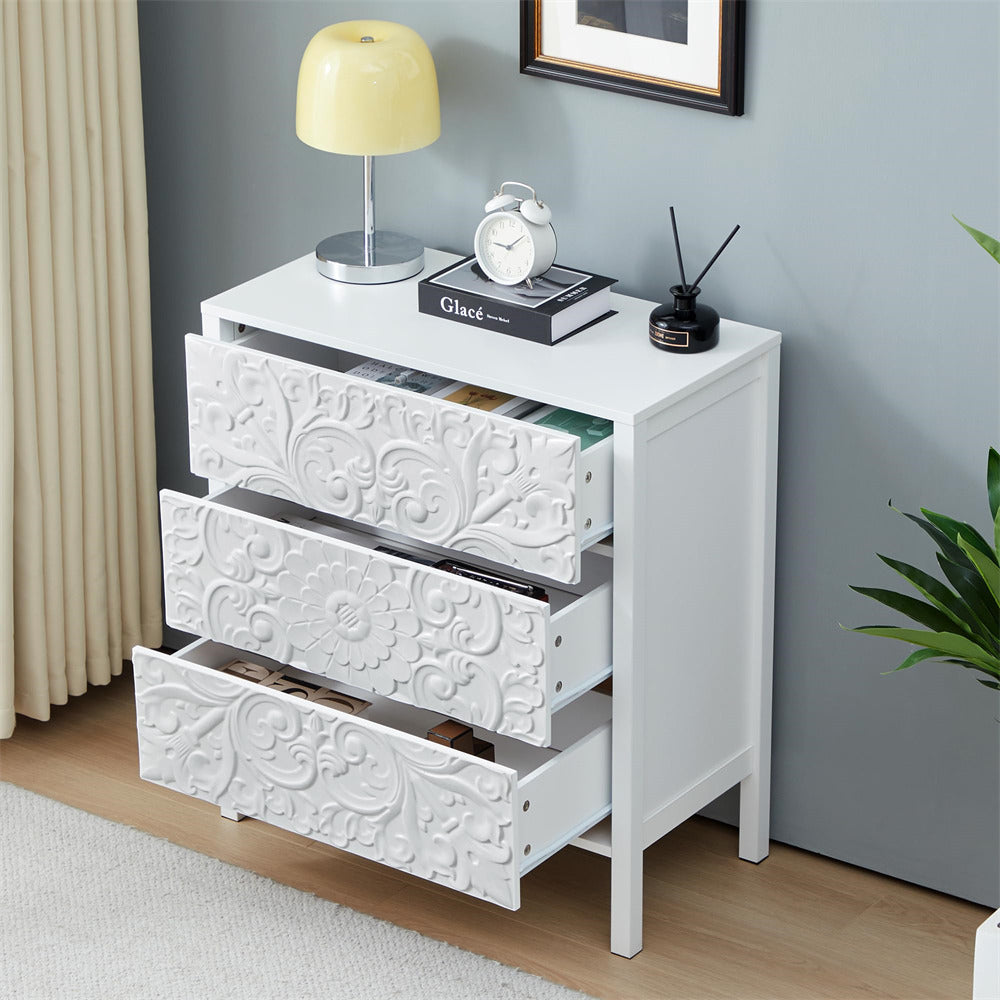 White Wooden 3 Drawer Dresser with Storage and Engraved Design