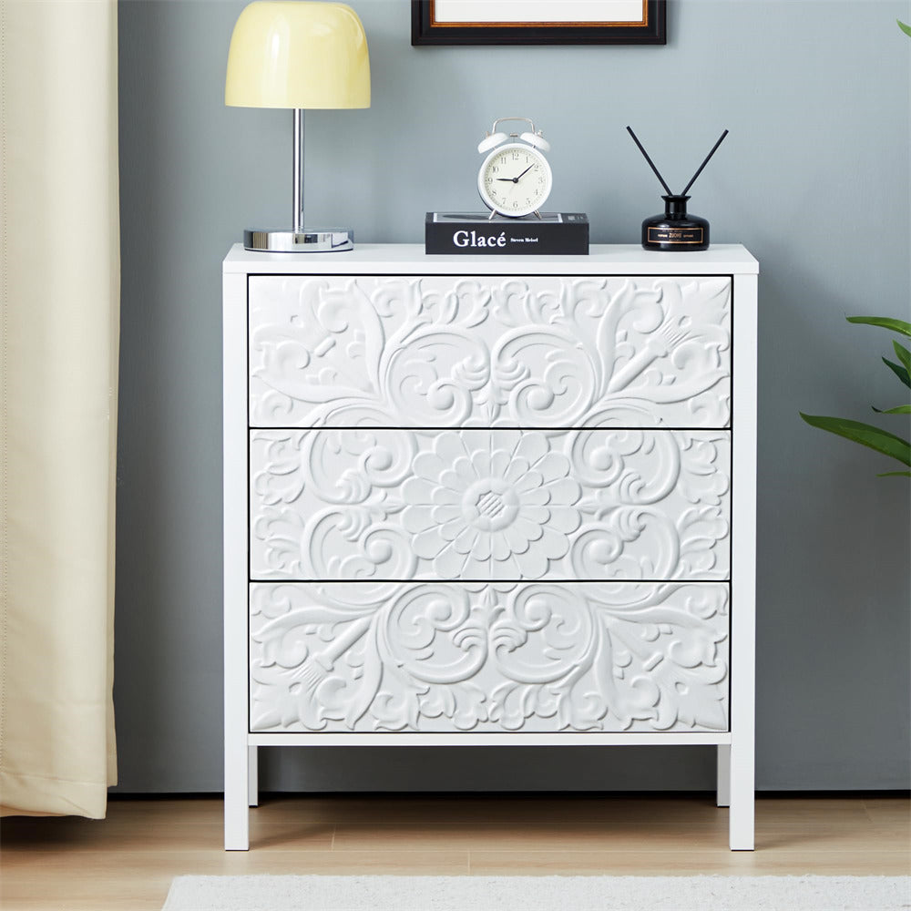 White Wooden 3 Drawer Dresser with Storage and Engraved Design