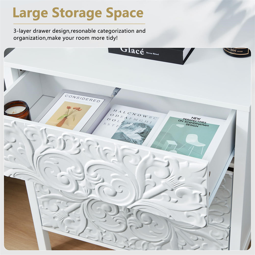 White Wooden 3 Drawer Dresser with Storage and Engraved Design