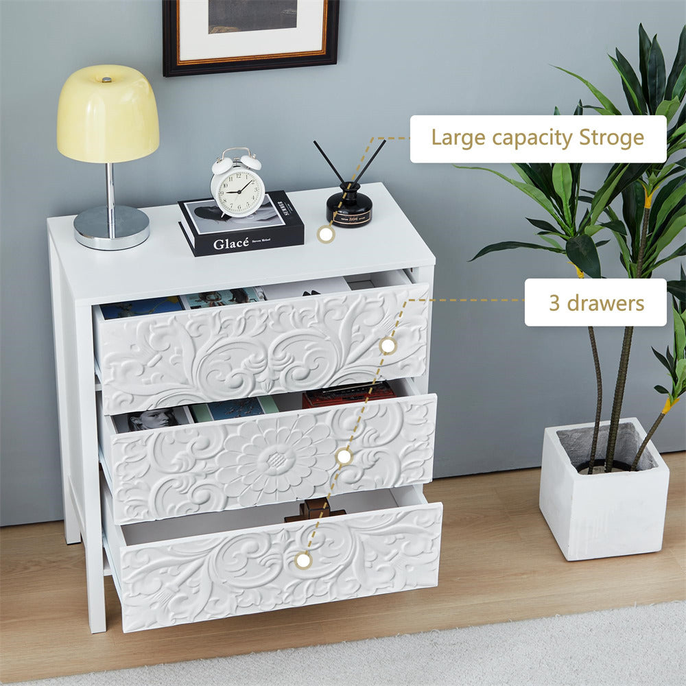 White Wooden 3 Drawer Dresser with Storage and Engraved Design